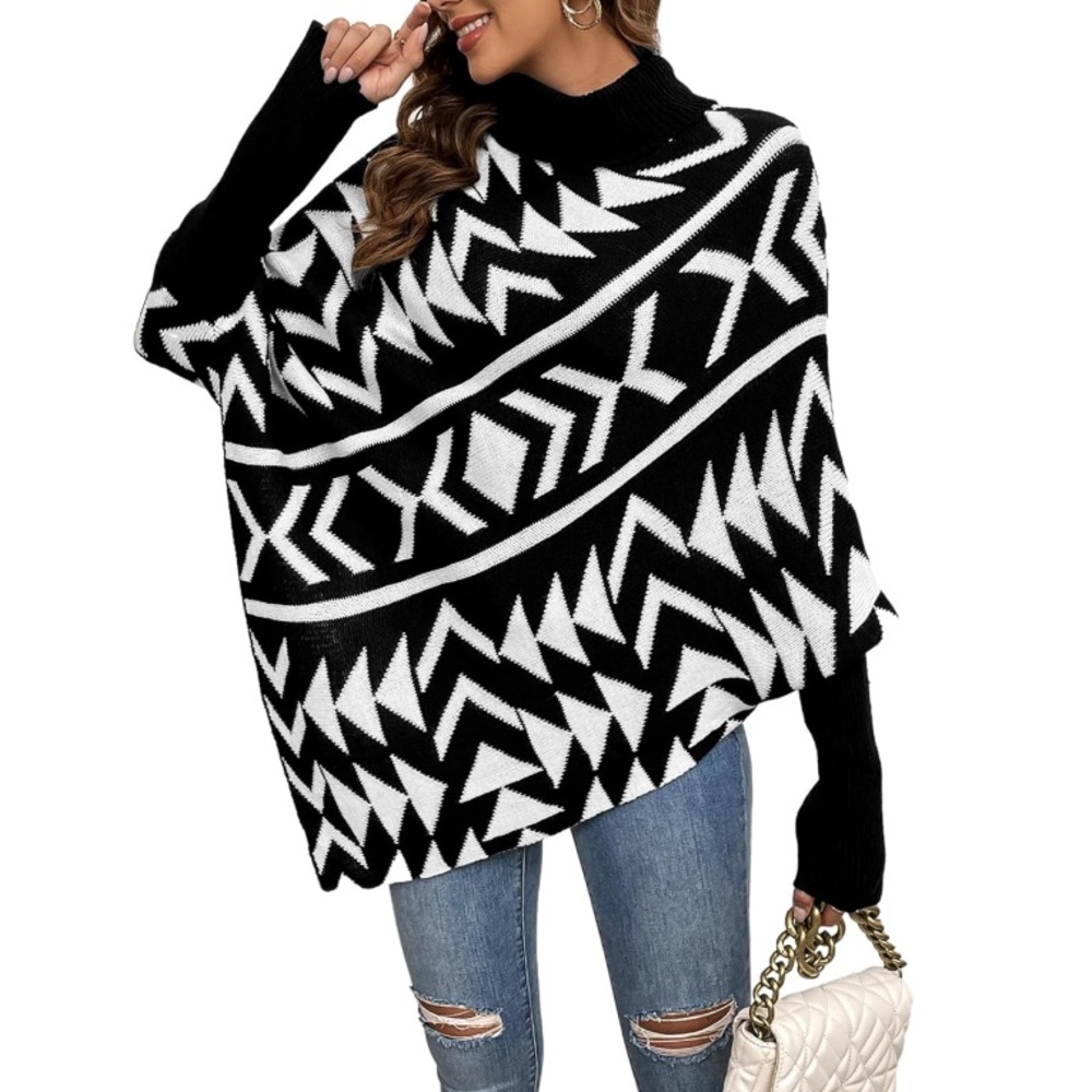 🌹🆕 Turtleneck sweater shawl poncho Black and White Geometric Sweater small - Picture 7 of 7